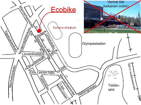 [Lähialueen kartta ja kuva vanhasta
        Ecobikestä eduskuntataloa vastapäätä]